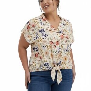 Torrid Floral Tie Front Button Down Blouse Short Sleeve Rayon Challis Size 2